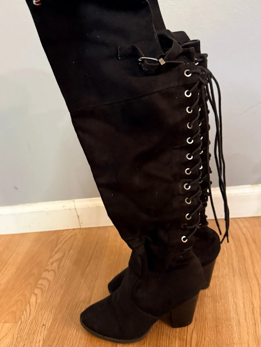 Women's Black Over-the-Knee Lace-Up Buckle Boots